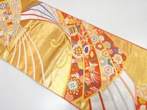 蝶に尾長鳥・花・古典柄織り出し　袋帯